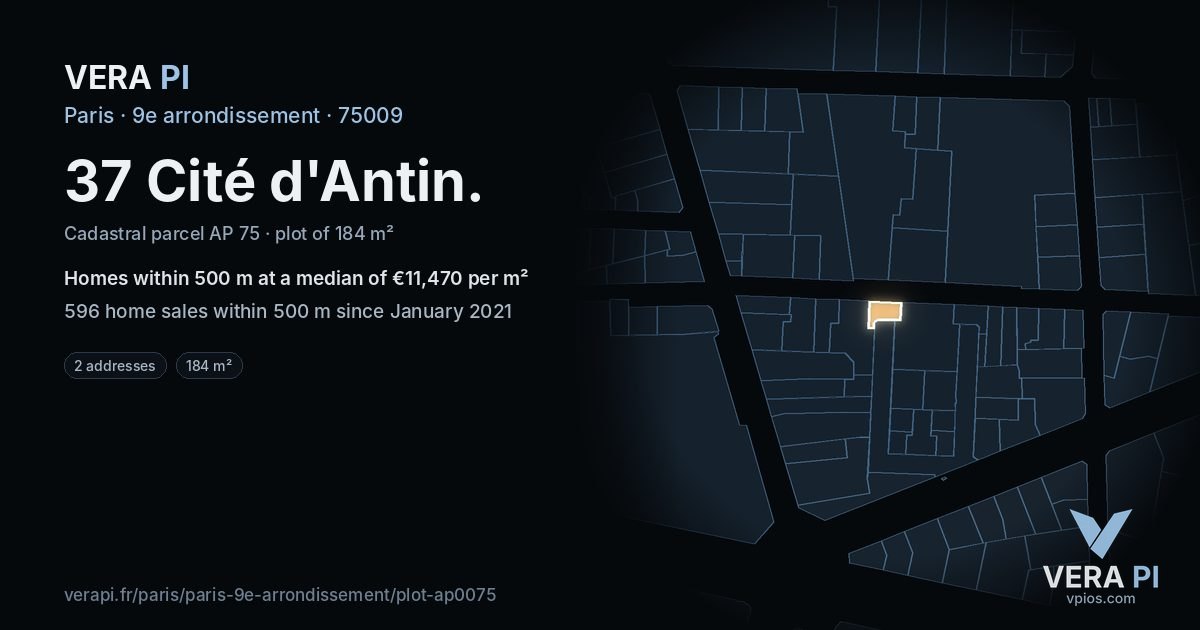 37 Cité d'Antin, 9e arrondissement at night – the plot lit, the parcels around coloured by the prices near them