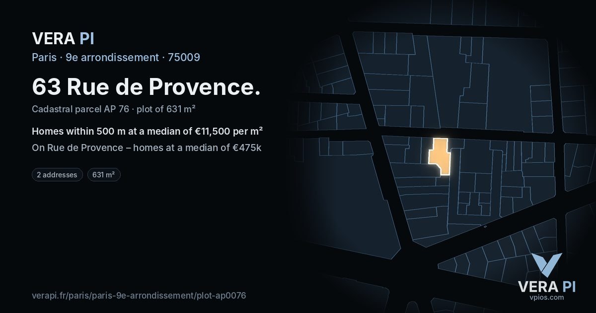 63 Rue de Provence, 9e arrondissement at night – the plot lit, the parcels around coloured by the prices near them