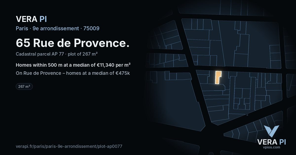 65 Rue de Provence, 9e arrondissement at night – the plot lit, the parcels around coloured by the prices near them