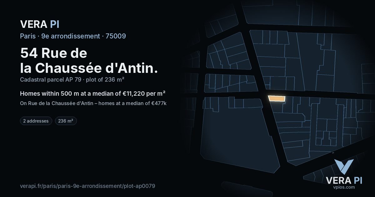 54 Rue de la Chaussée d'Antin, 9e arrondissement at night – the plot lit, the parcels around coloured by the prices near them