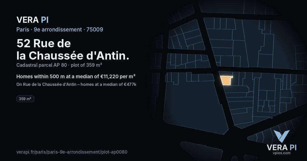 52 Rue de la Chaussée d'Antin, 9e arrondissement at night – the plot lit, the parcels around coloured by the prices near them