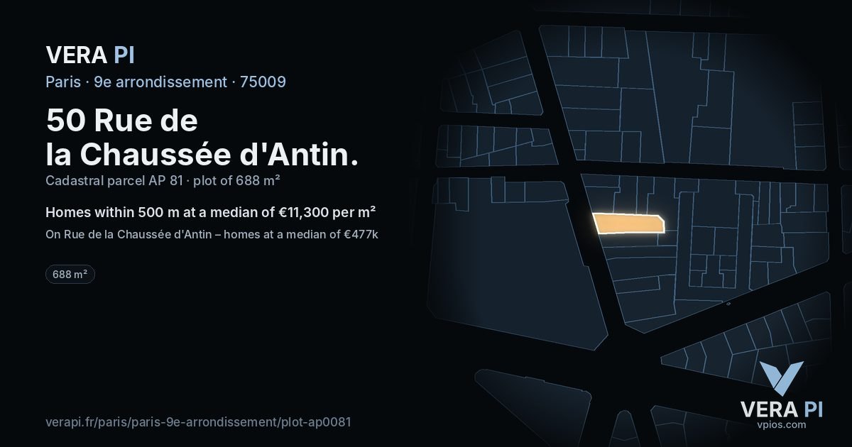 50 Rue de la Chaussée d'Antin, 9e arrondissement at night – the plot lit, the parcels around coloured by the prices near them