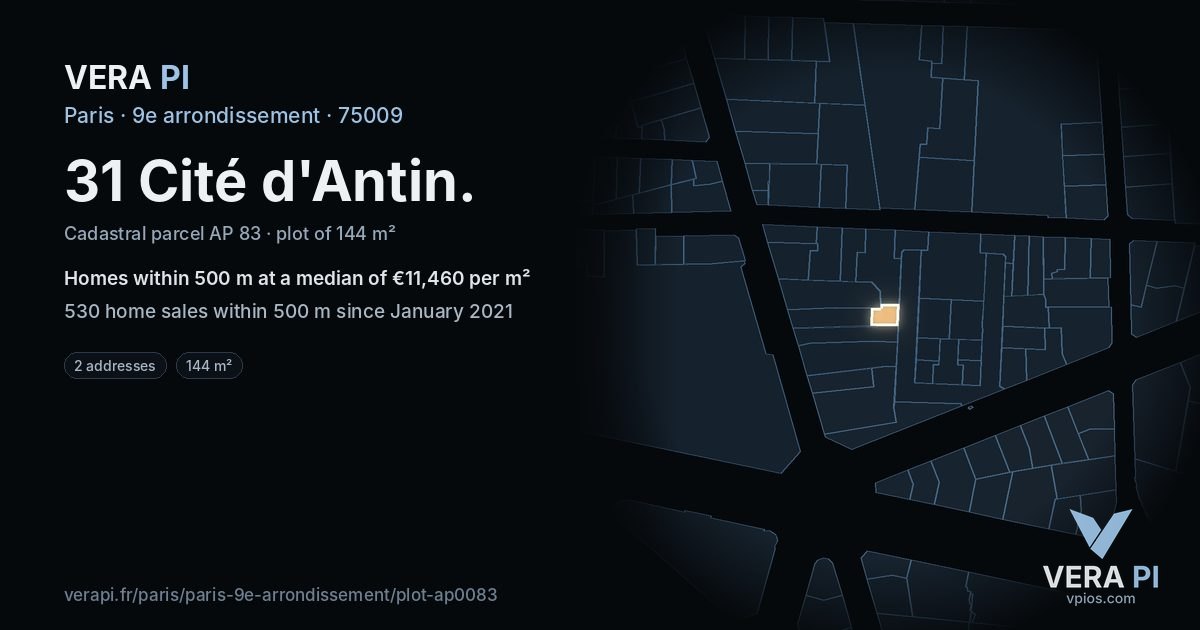 31 Cité d'Antin, 9e arrondissement at night – the plot lit, the parcels around coloured by the prices near them
