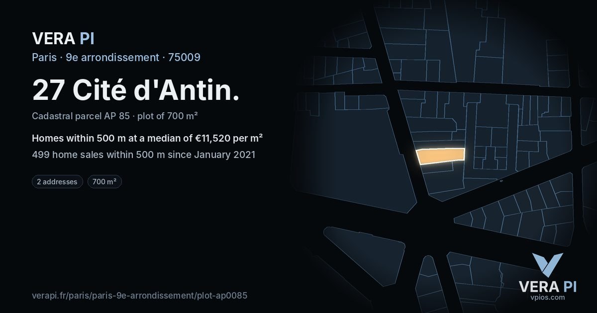 27 Cité d'Antin, 9e arrondissement at night – the plot lit, the parcels around coloured by the prices near them