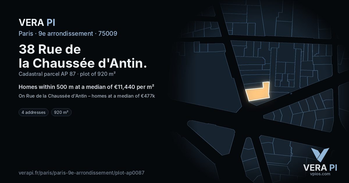 38 Rue de la Chaussée d'Antin, 9e arrondissement at night – the plot lit, the parcels around coloured by the prices near them