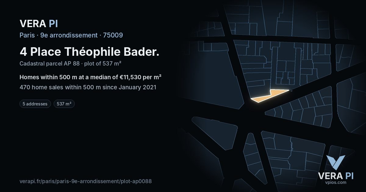 4 Place Théophile Bader, 9e arrondissement at night – the plot lit, the parcels around coloured by the prices near them