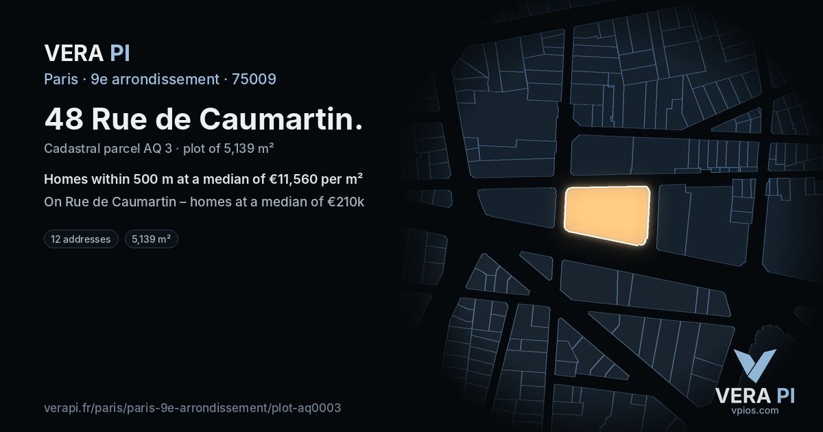 48 Rue de Caumartin, 9e arrondissement at night – the plot lit, the parcels around coloured by the prices near them