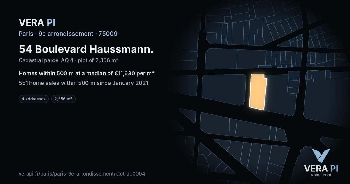 54 Boulevard Haussmann, 9e arrondissement at night – the plot lit, the parcels around coloured by the prices near them