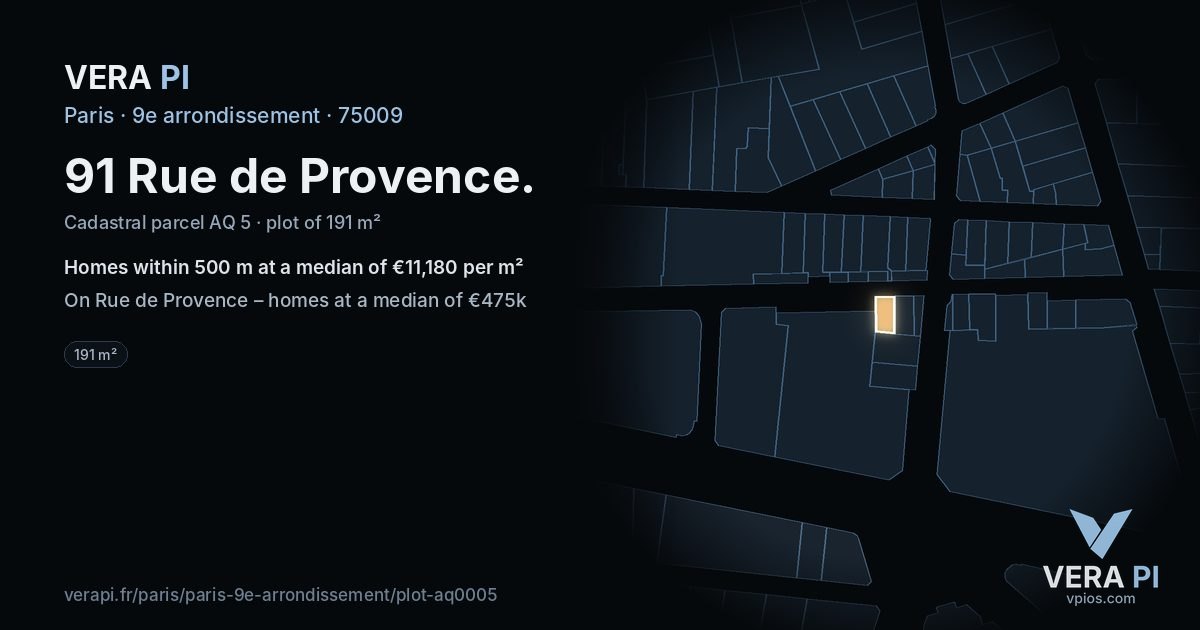 91 Rue de Provence, 9e arrondissement at night – the plot lit, the parcels around coloured by the prices near them