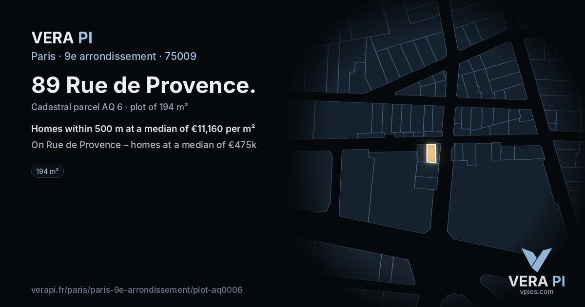 89 Rue de Provence, 9e arrondissement at night – the plot lit, the parcels around coloured by the prices near them