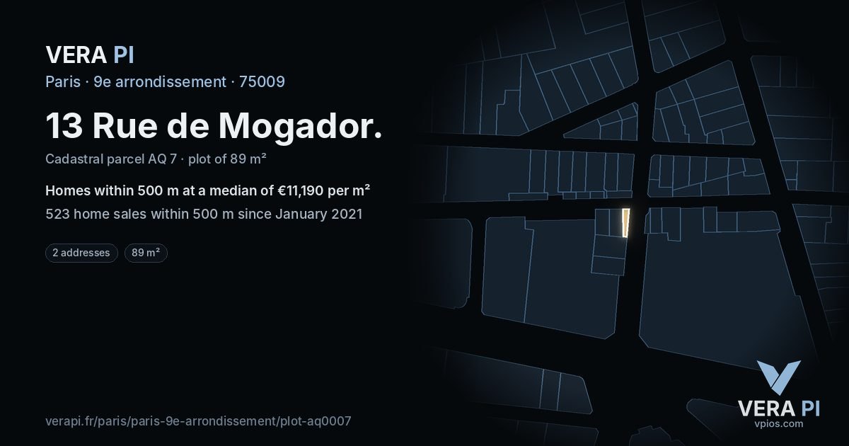 13 Rue de Mogador, 9e arrondissement at night – the plot lit, the parcels around coloured by the prices near them