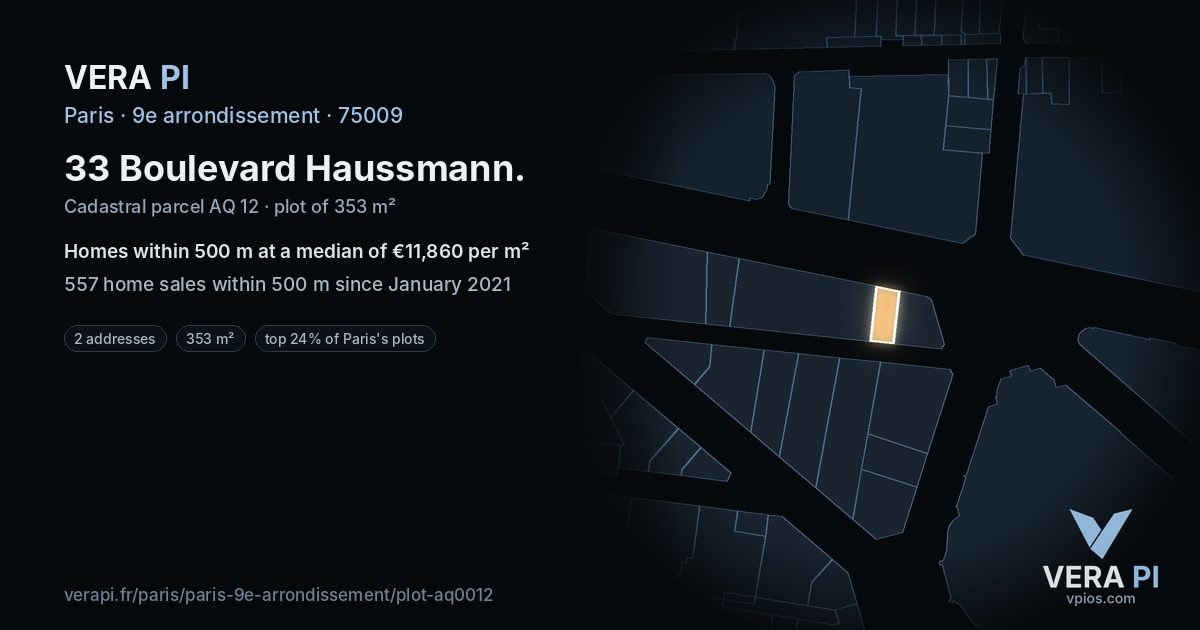 33 Boulevard Haussmann, 9e arrondissement at night – the plot lit, the parcels around coloured by the prices near them