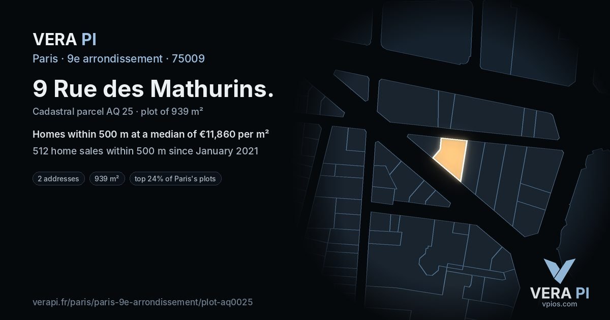 9 Rue des Mathurins, 9e arrondissement at night – the plot lit, the parcels around coloured by the prices near them