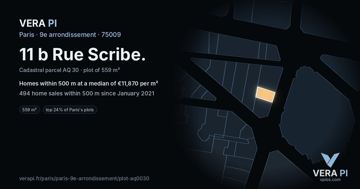 11 b Rue Scribe, 9e arrondissement at night – the plot lit, the parcels around coloured by the prices near them