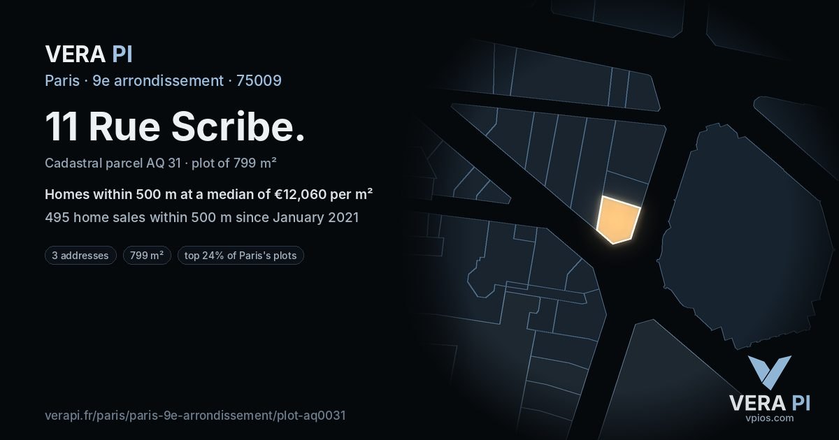 11 Rue Scribe, 9e arrondissement at night – the plot lit, the parcels around coloured by the prices near them