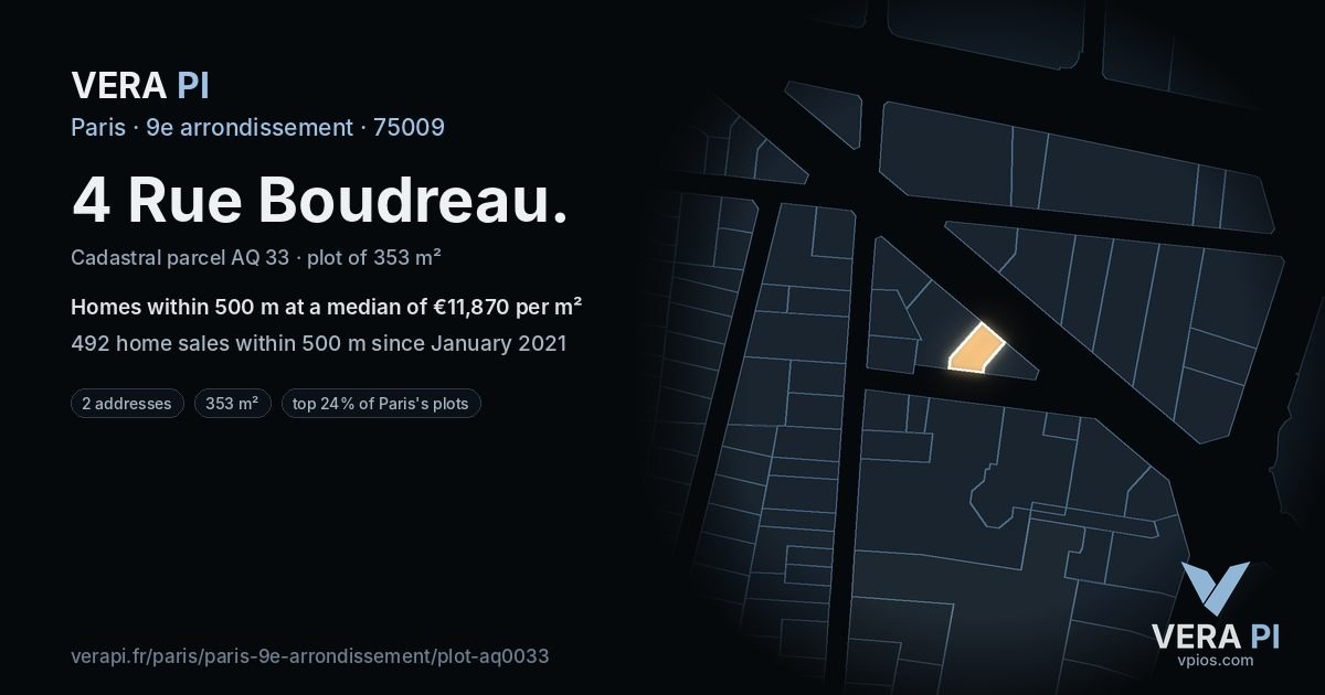 4 Rue Boudreau, 9e arrondissement at night – the plot lit, the parcels around coloured by the prices near them