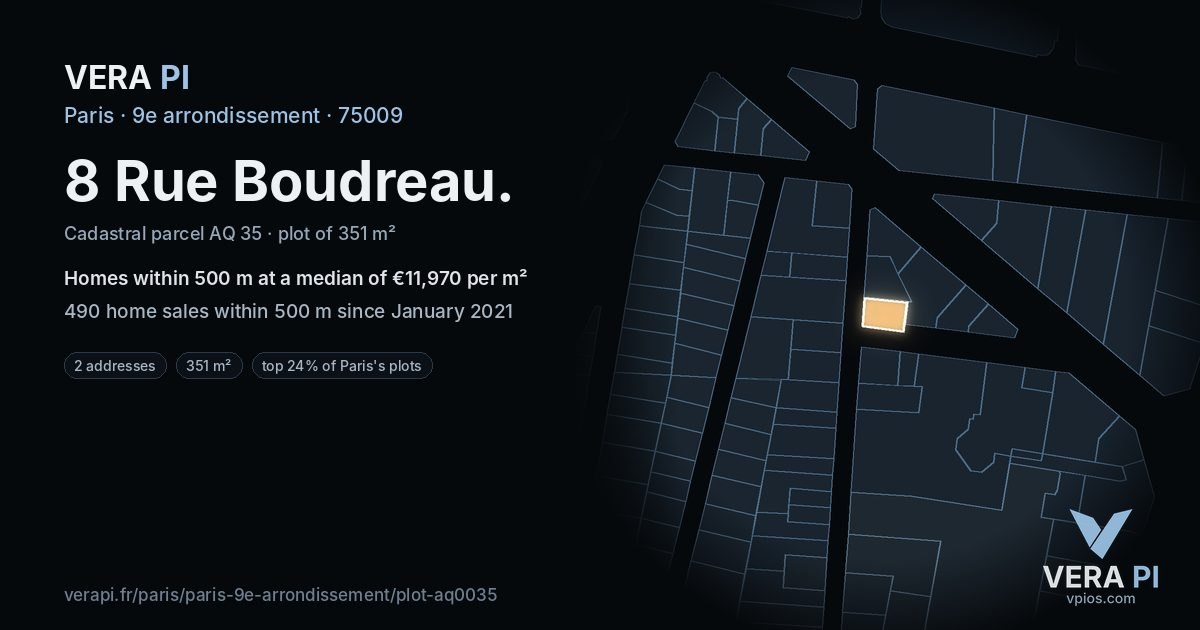 8 Rue Boudreau, 9e arrondissement at night – the plot lit, the parcels around coloured by the prices near them
