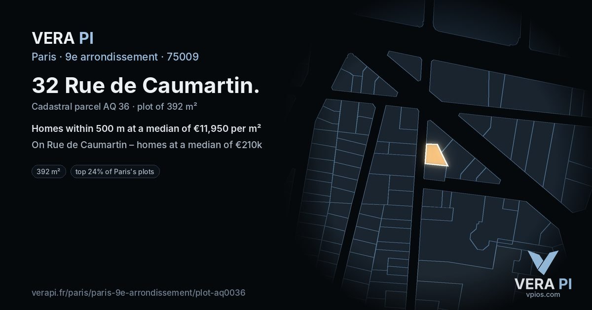 32 Rue de Caumartin, 9e arrondissement at night – the plot lit, the parcels around coloured by the prices near them