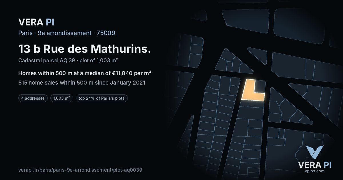 13 b Rue des Mathurins, 9e arrondissement at night – the plot lit, the parcels around coloured by the prices near them