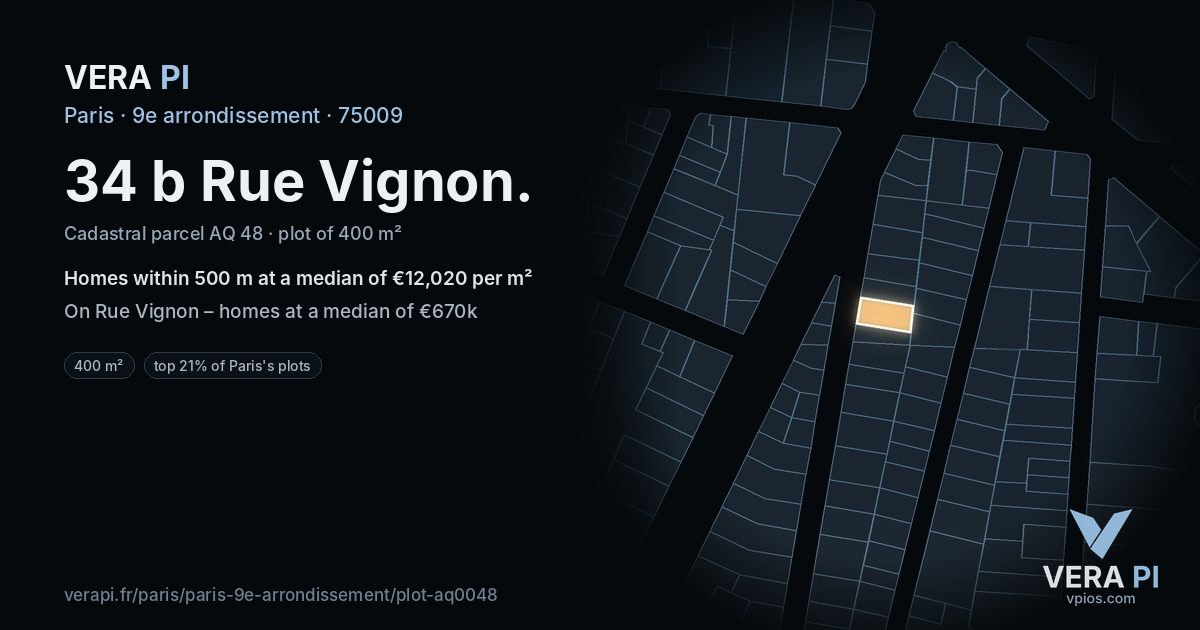 34 b Rue Vignon, 9e arrondissement at night – the plot lit, the parcels around coloured by the prices near them