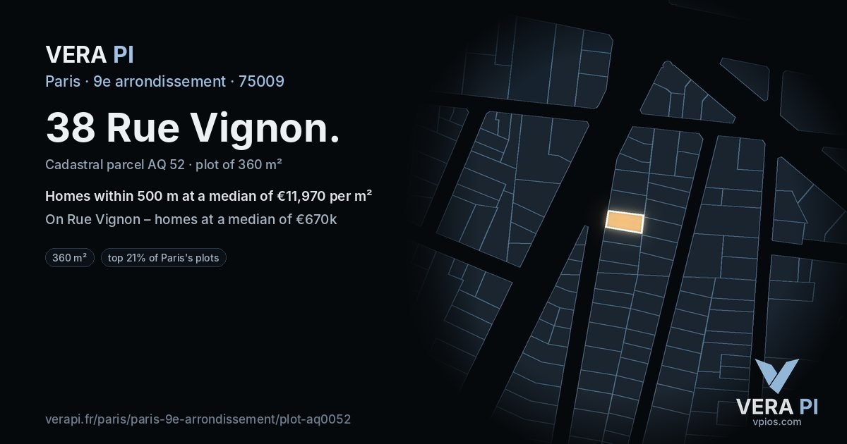 38 Rue Vignon, 9e arrondissement at night – the plot lit, the parcels around coloured by the prices near them