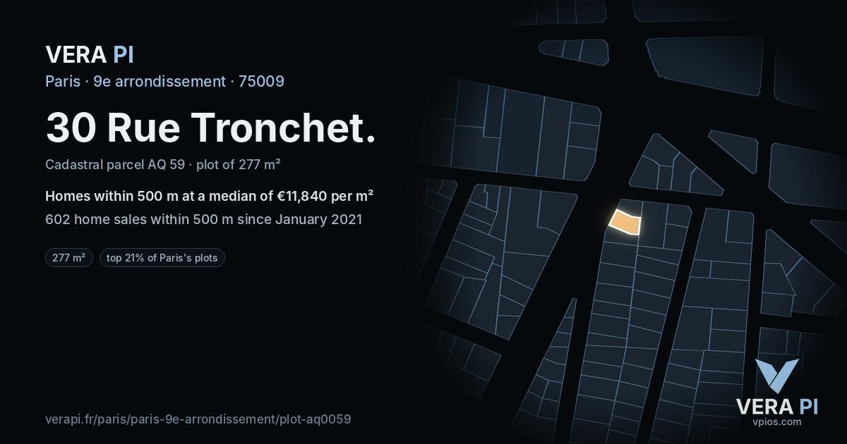 30 Rue Tronchet, 9e arrondissement at night – the plot lit, the parcels around coloured by the prices near them