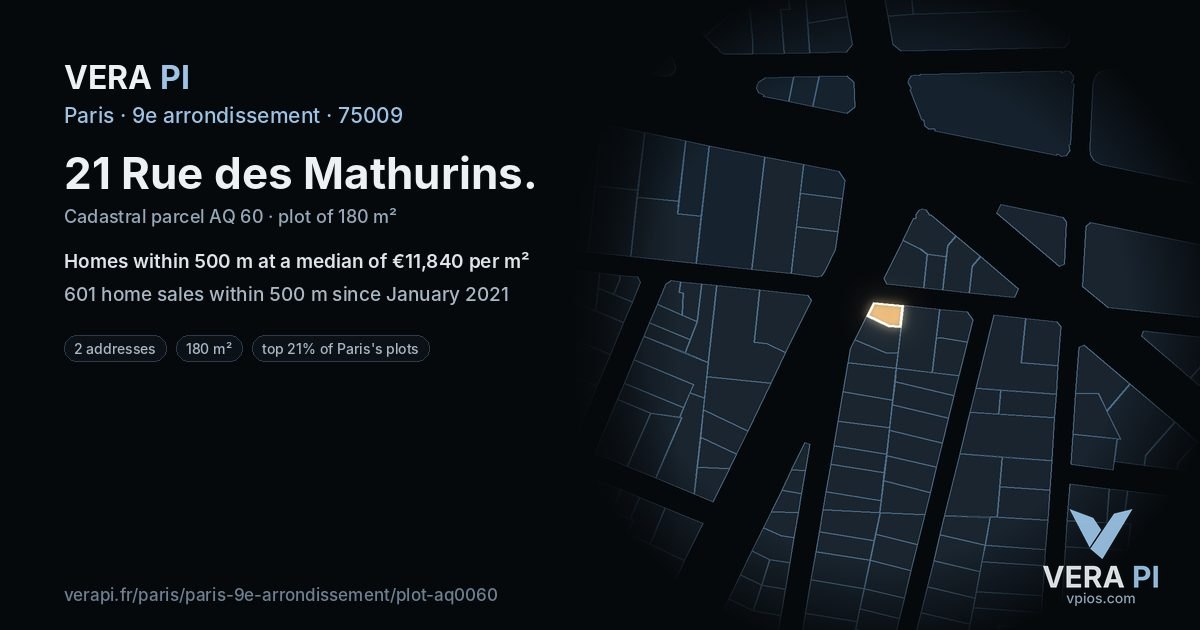 21 Rue des Mathurins, 9e arrondissement at night – the plot lit, the parcels around coloured by the prices near them