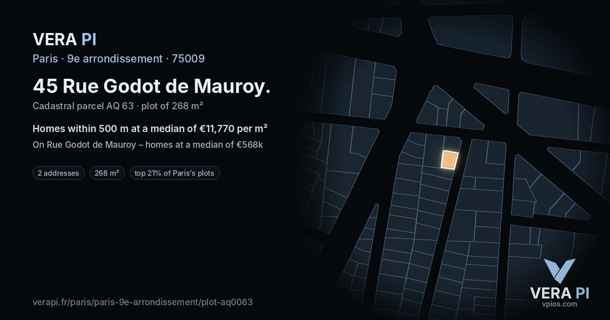 45 Rue Godot de Mauroy, 9e arrondissement at night – the plot lit, the parcels around coloured by the prices near them