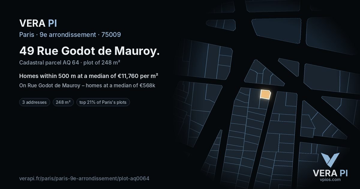 49 Rue Godot de Mauroy, 9e arrondissement at night – the plot lit, the parcels around coloured by the prices near them