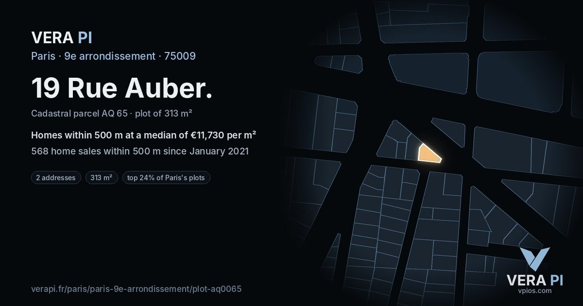19 Rue Auber, 9e arrondissement at night – the plot lit, the parcels around coloured by the prices near them