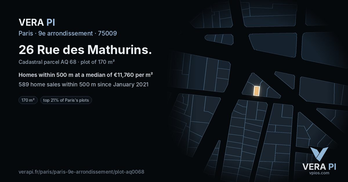 26 Rue des Mathurins, 9e arrondissement at night – the plot lit, the parcels around coloured by the prices near them