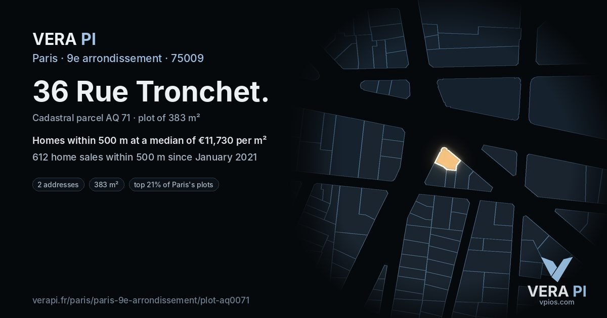 36 Rue Tronchet, 9e arrondissement at night – the plot lit, the parcels around coloured by the prices near them