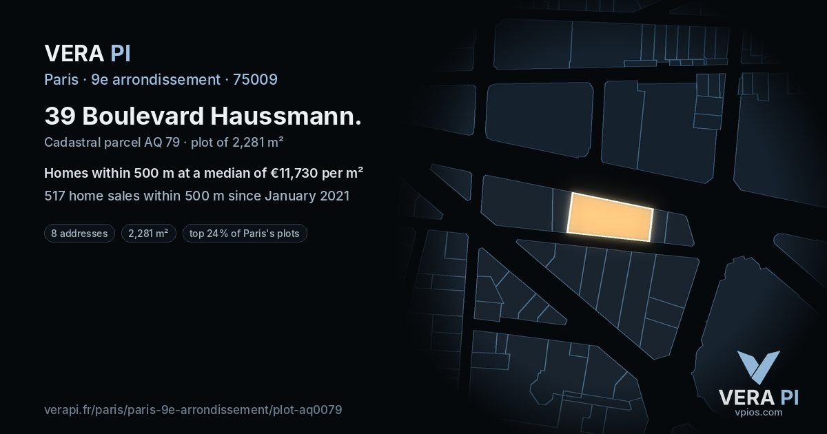 39 Boulevard Haussmann, 9e arrondissement at night – the plot lit, the parcels around coloured by the prices near them