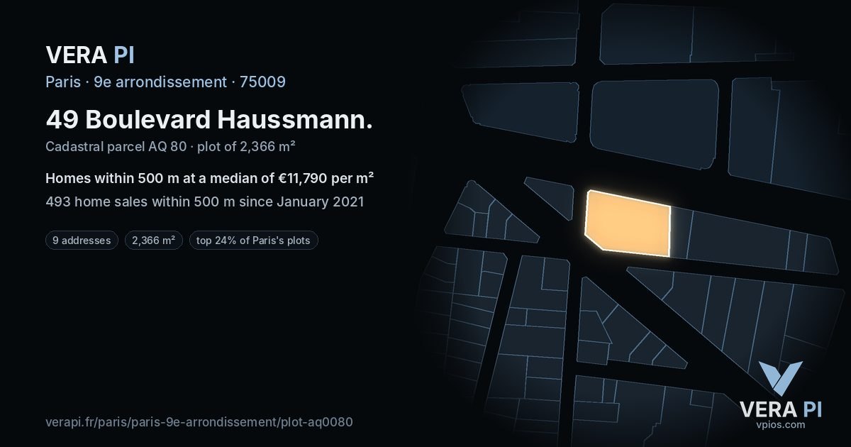49 Boulevard Haussmann, 9e arrondissement at night – the plot lit, the parcels around coloured by the prices near them