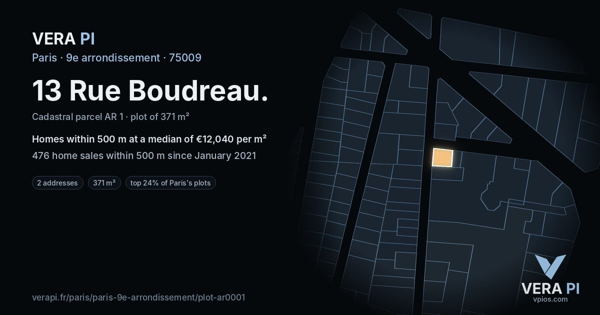 13 Rue Boudreau, 9e arrondissement at night – the plot lit, the parcels around coloured by the prices near them