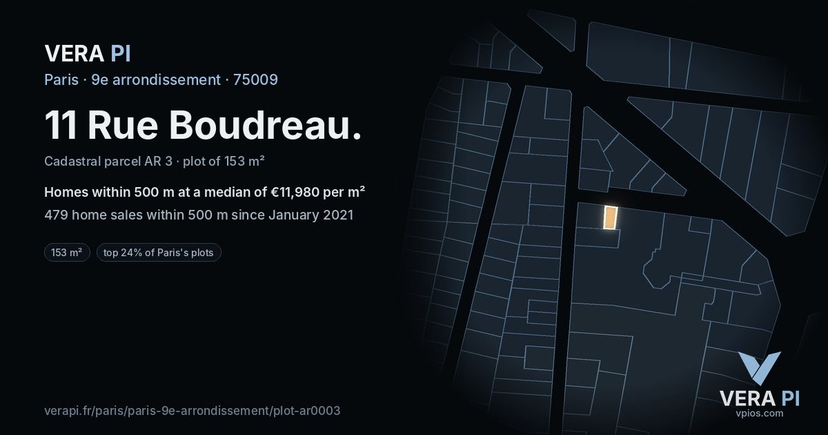 11 Rue Boudreau, 9e arrondissement at night – the plot lit, the parcels around coloured by the prices near them