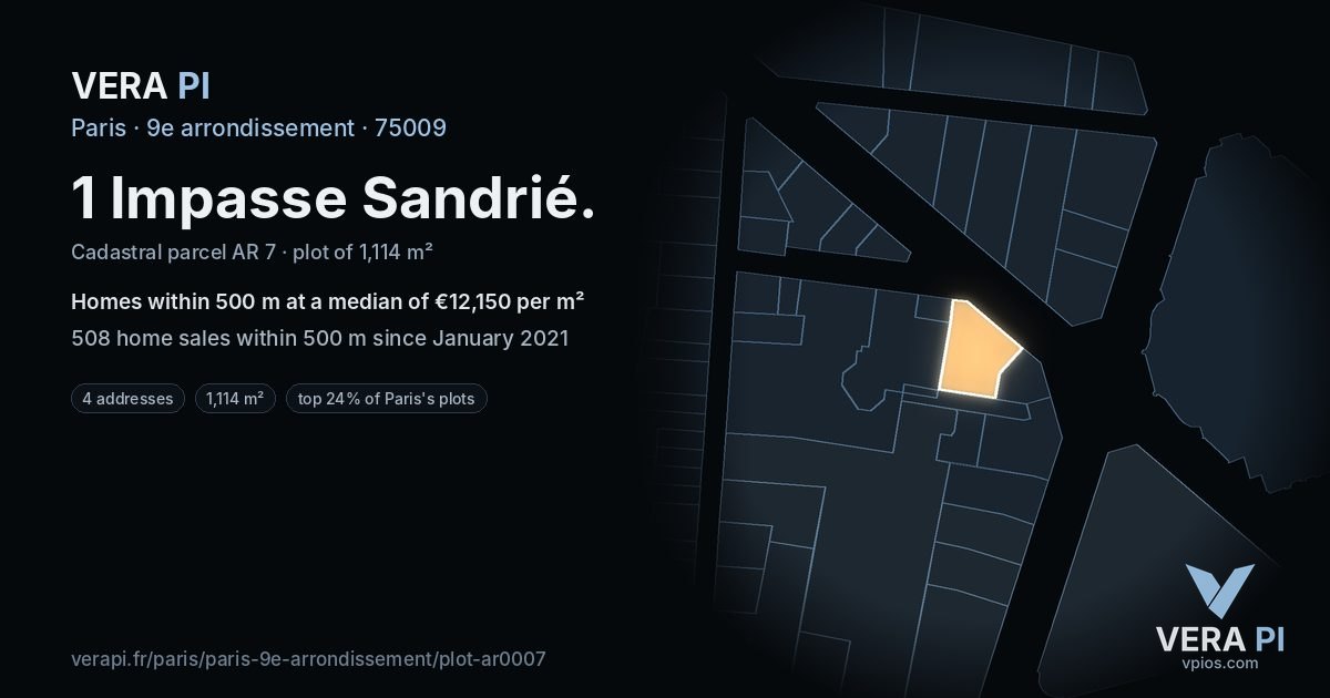 1 Impasse Sandrié, 9e arrondissement at night – the plot lit, the parcels around coloured by the prices near them