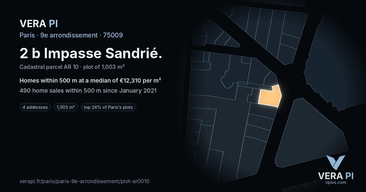 2 b Impasse Sandrié, 9e arrondissement at night – the plot lit, the parcels around coloured by the prices near them