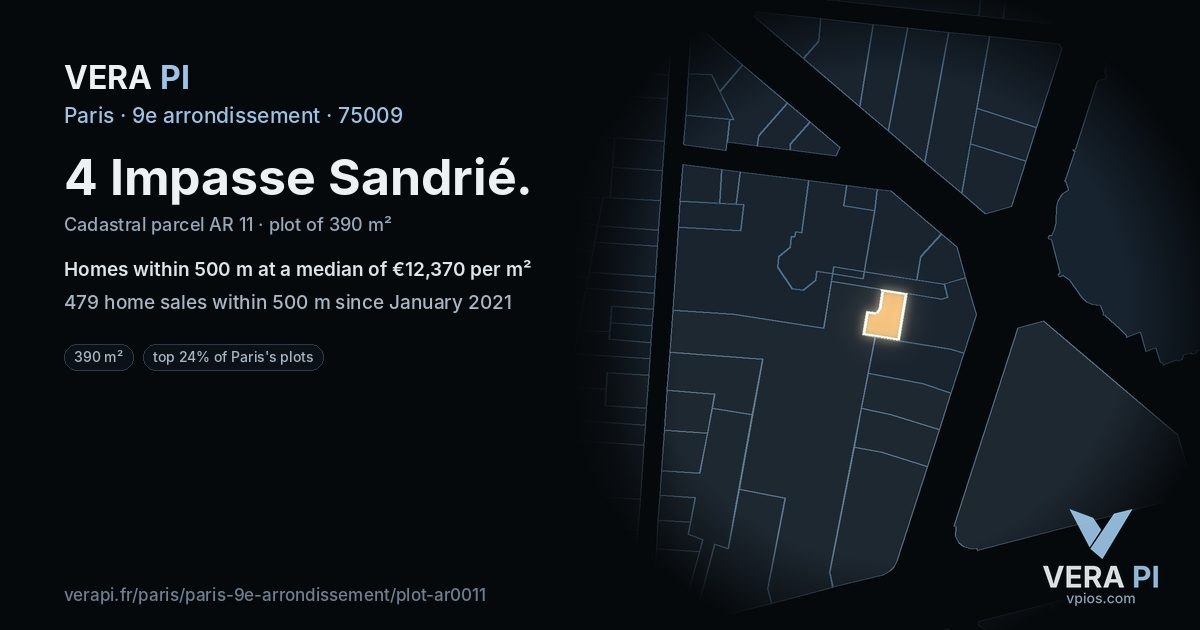 4 Impasse Sandrié, 9e arrondissement at night – the plot lit, the parcels around coloured by the prices near them