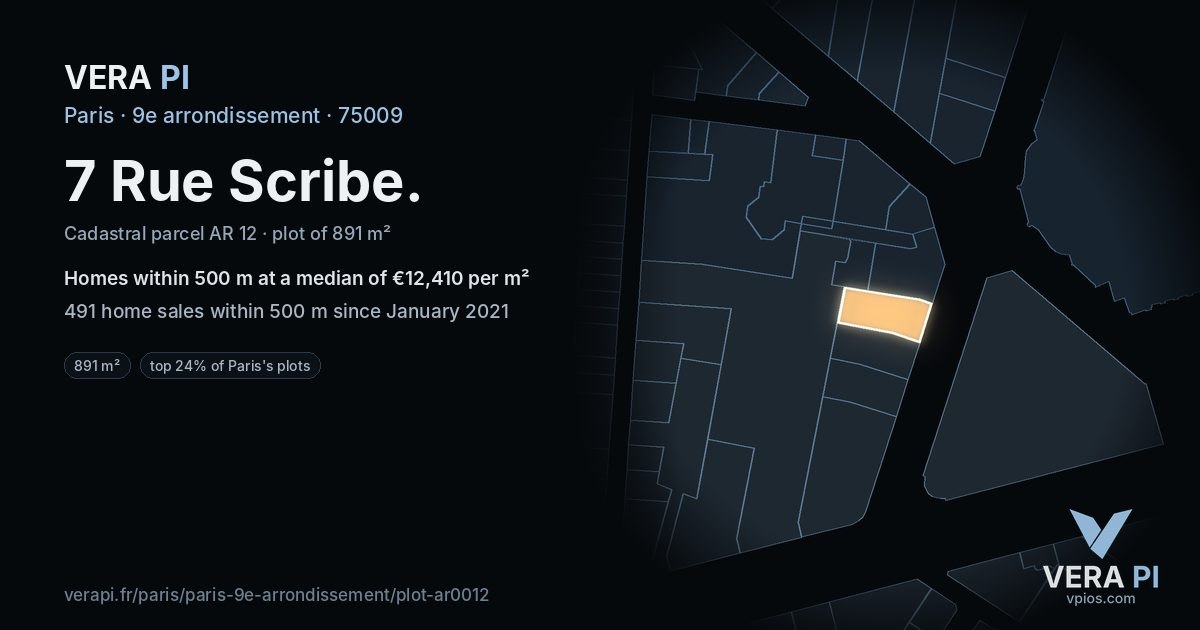 7 Rue Scribe, 9e arrondissement at night – the plot lit, the parcels around coloured by the prices near them
