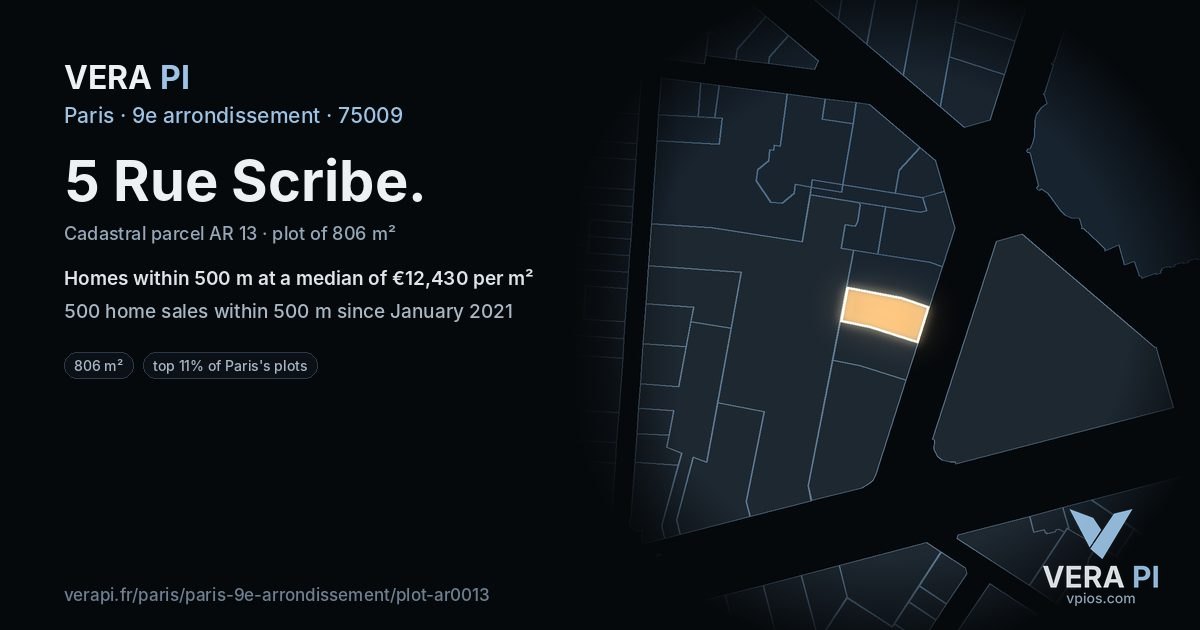 5 Rue Scribe, 9e arrondissement at night – the plot lit, the parcels around coloured by the prices near them