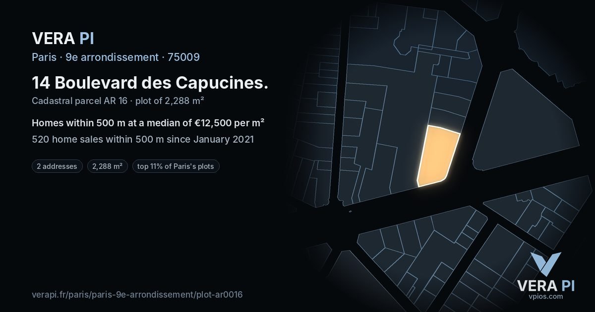 14 Boulevard des Capucines, 9e arrondissement at night – the plot lit, the parcels around coloured by the prices near them