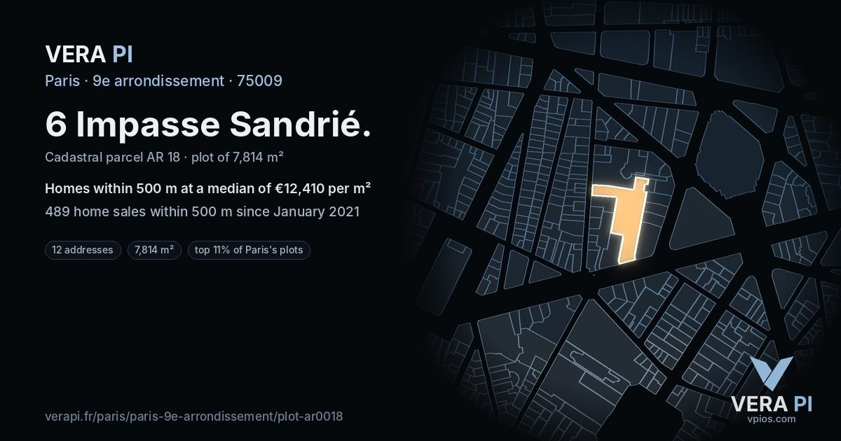 6 Impasse Sandrié, 9e arrondissement at night – the plot lit, the parcels around coloured by the prices near them