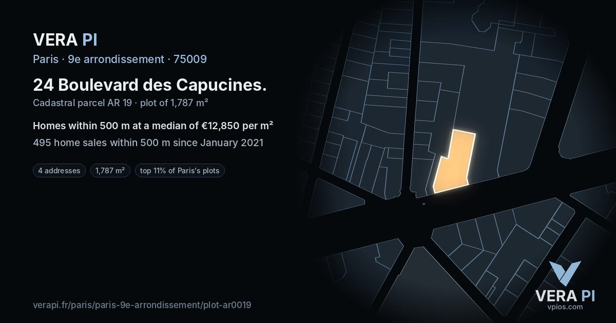 24 Boulevard des Capucines, 9e arrondissement at night – the plot lit, the parcels around coloured by the prices near them