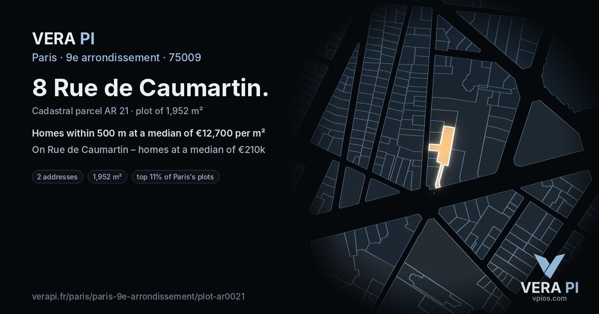 8 Rue de Caumartin, 9e arrondissement at night – the plot lit, the parcels around coloured by the prices near them