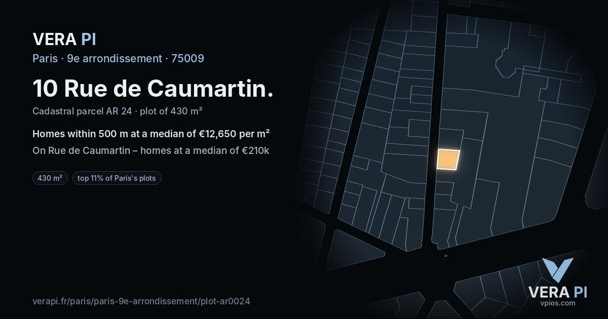 10 Rue de Caumartin, 9e arrondissement at night – the plot lit, the parcels around coloured by the prices near them