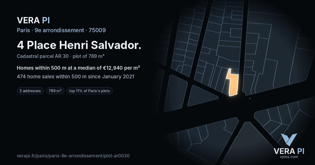 4 Place Henri Salvador, 9e arrondissement at night – the plot lit, the parcels around coloured by the prices near them