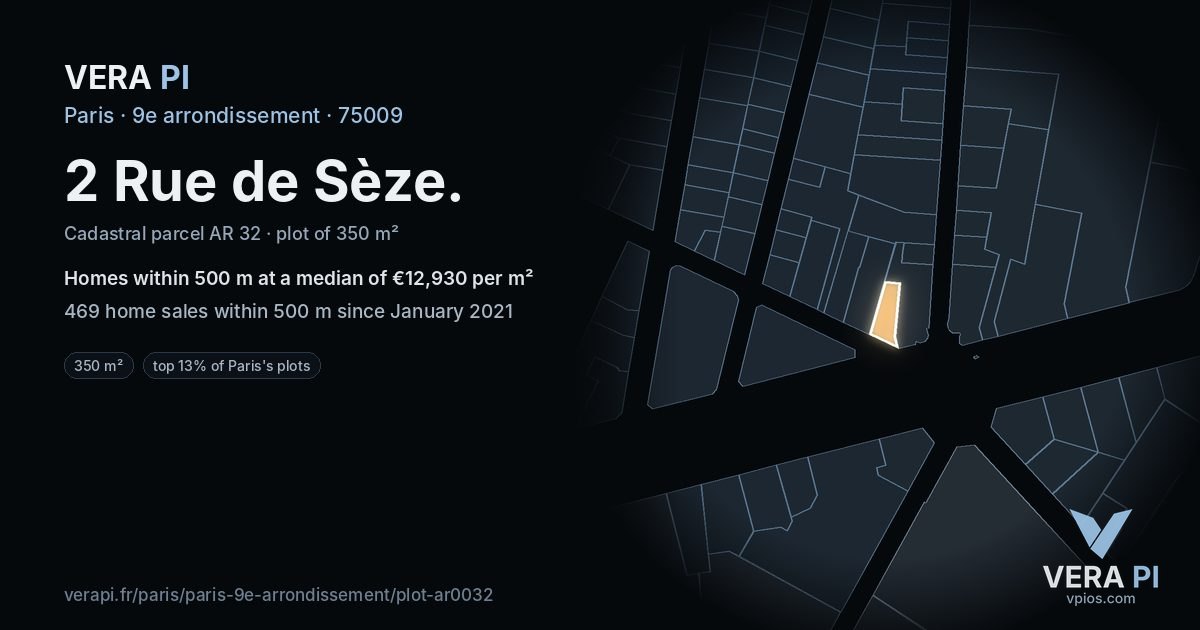 2 Rue de Sèze, 9e arrondissement at night – the plot lit, the parcels around coloured by the prices near them