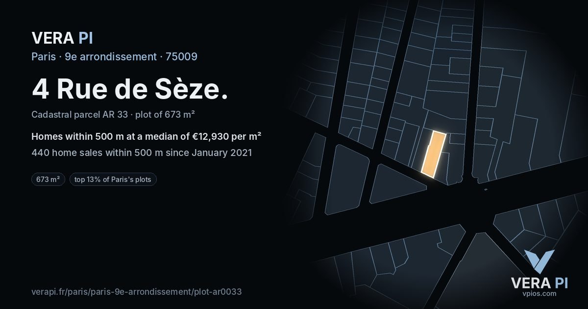 4 Rue de Sèze, 9e arrondissement at night – the plot lit, the parcels around coloured by the prices near them