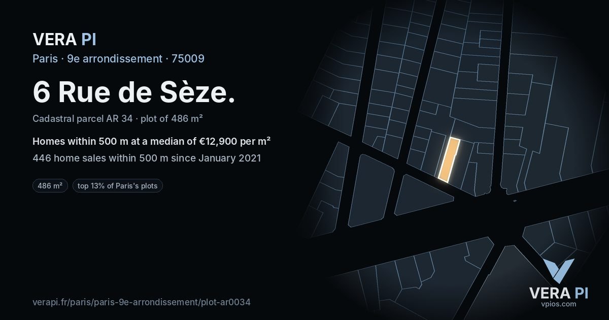 6 Rue de Sèze, 9e arrondissement at night – the plot lit, the parcels around coloured by the prices near them